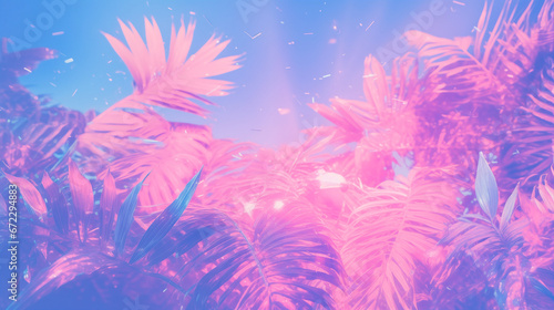An abstract background of a tropical jungle scene with palm trees  other foliage and small particles scattered throughout. Neon pink and blue color scheme. Dreamy  surreal mood. 