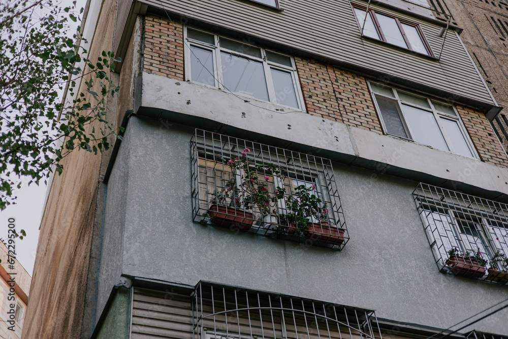 Soviet multi-storey residential building with different types of ...