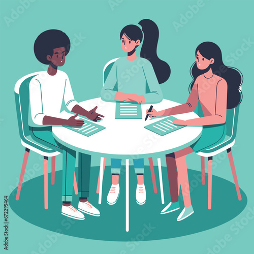Diverse trio discussing around a table in flat vector design.