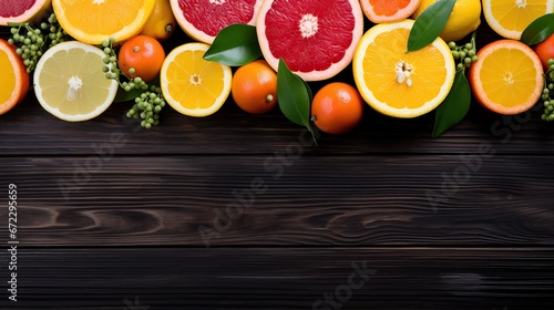 Professional Photo of a Helthy Bunch of Red Yellow Orange and Green Oranges and Lemons ok a Dark Wooden Table. Empty Space for Text.