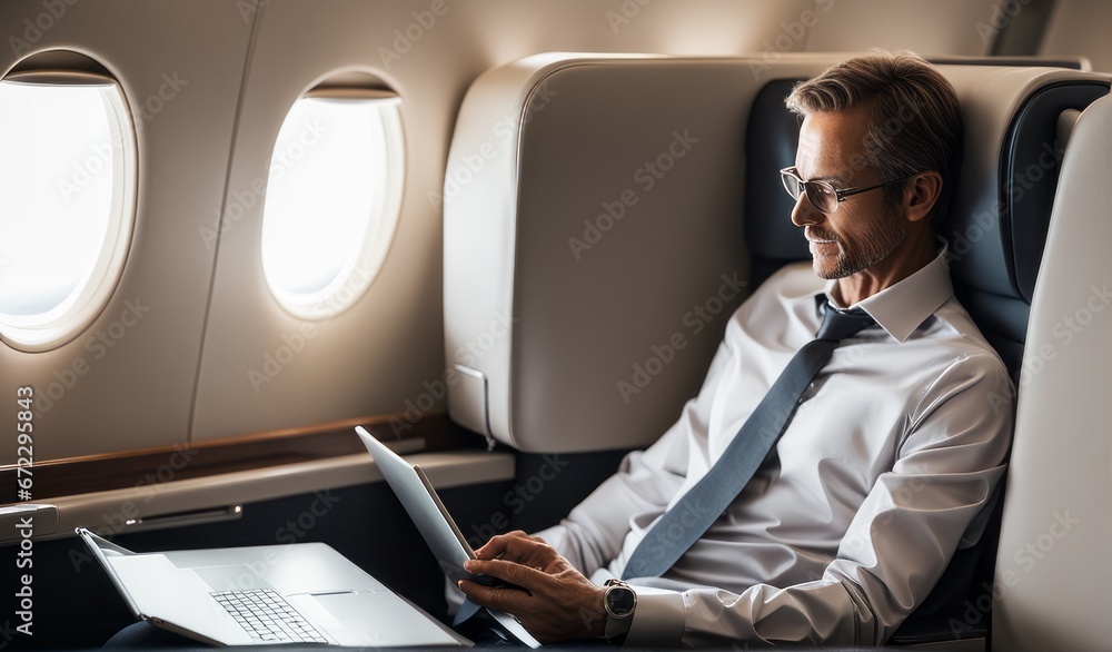 Businessman sitting and working on a laptop computer Luxurious and spacious Business Class seats in the aircraft's luxurious First Class cabin. The seats are extremely comfortable. - obrazy, fototapety, plakaty 