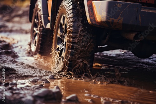A Close Up of a Jeeps Dirty and Rugged off Road Tires Covered in Sand and Mud in Action.
