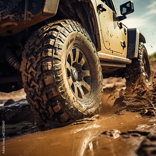 A Close Up of a Jeeps Dirty and Rugged off Road Tires Covered in Sand and Mud in Action.