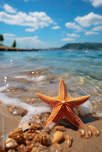 A Fascinating Close-up of a Starfish Standing on the Sand Next to the Water on a Beach in a Clear Sunny day of Summer. © Boss