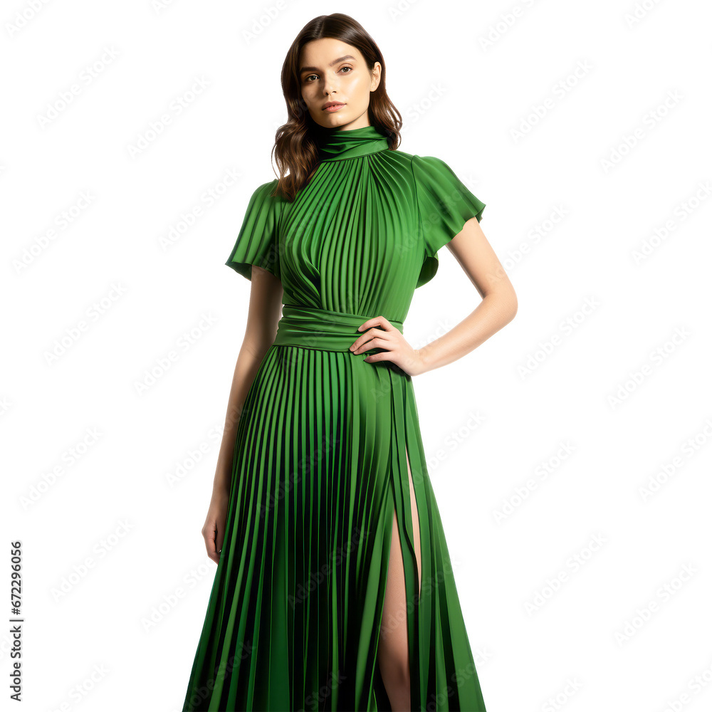 Portrait of stylish model in green dress on a white transparent background