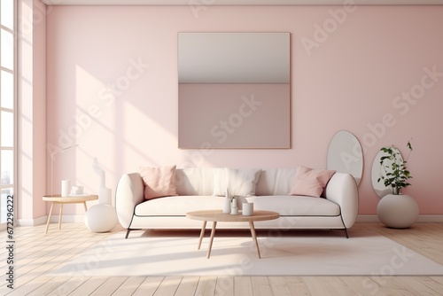 A Pretty Soft Pink and Clean Lounge with a Big Mirror and Sunrays coming in from a Big Window. Natural Lighting. © Boss