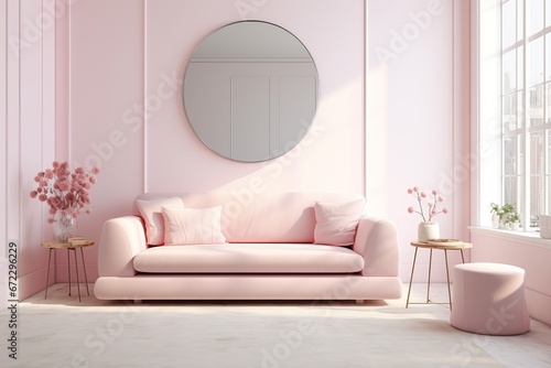A Pretty Soft Pink and Clean Lounge with a Big Mirror and Sunrays coming in from a Big Window. Natural Lighting.