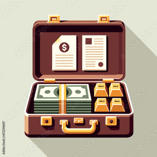 Vector briefcase with money and gold in flat design.