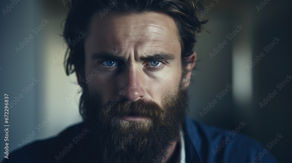 Cinematic Close up of a Sad and Concentrated Buisnessman with a Majestic Beard in a Dark Room Illuminated by Natural Lighting Source.