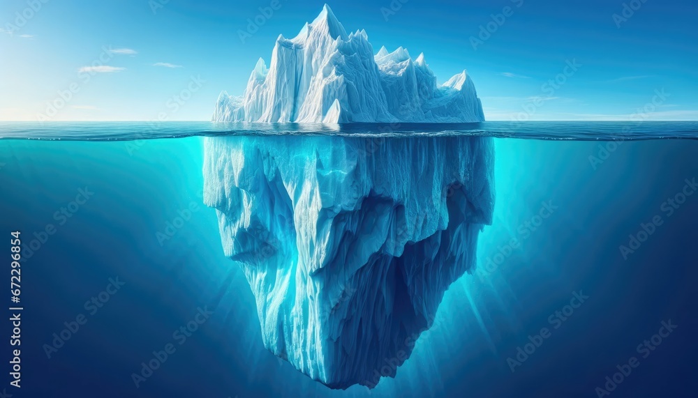 Stunning split-view of a massive iceberg, revealing its vast submerged beauty beneath the serene blue ocean.  - obrazy, fototapety, plakaty 