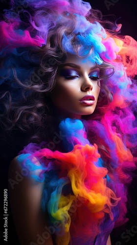 beautiful woman covered in colorful smoke

