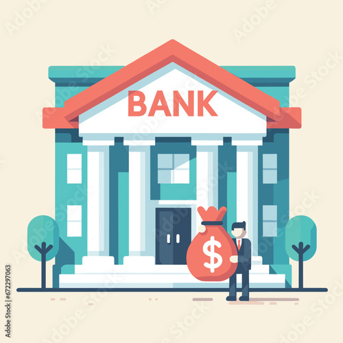 Minimalist bank building vector with individual holding money bag.