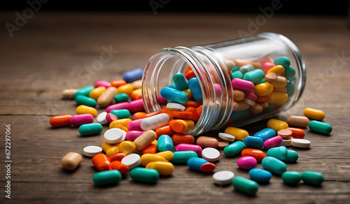 Colorful pills spilling out of a bottle