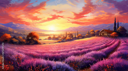  a painting of a lavender field with a church in the distance.  generative ai