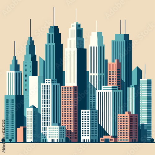 City skyline in flat vector with solid-colored sky.