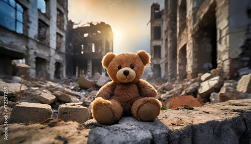 Teddy bear in the middle of a city of wars