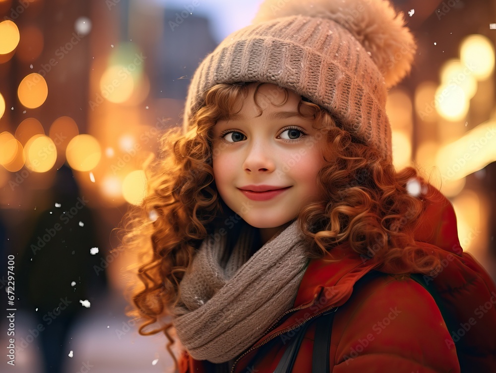Child with Long Curly Brown Hair, Hat and Scarf in the middle of the Street at Night in a cold day of Autumn. Child with Long Curly Brown Hair, Hat and Scarf in the middle of the Street at Night in a cold day of Autumn.