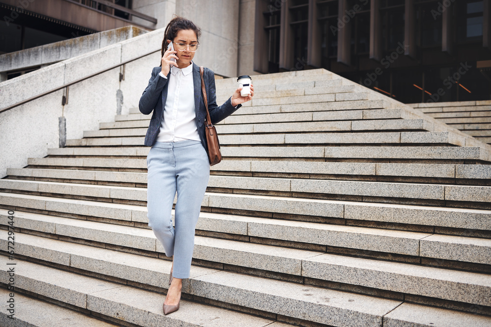 Stairs, city phone call and business woman walk, travel and talking on cellphone communication, discussion or chat. Smartphone, coffee break and urban person leave office building on staircase steps Stairs, city phone call and business woman walk, travel and talking on cellphone communication, discussion or chat. Smartphone, coffee break and urban person leave office building on staircase steps