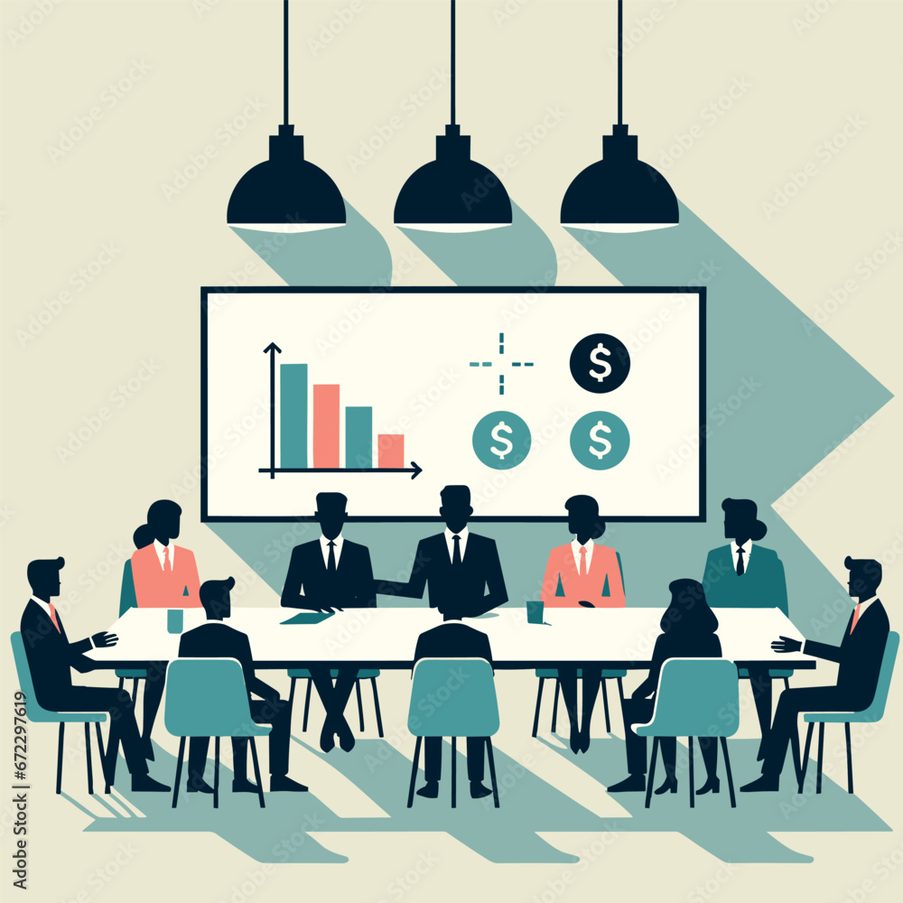 Vector meeting room with diverse silhouettes discussing finance in flat design. Vector meeting room with diverse silhouettes discussing finance in flat design.