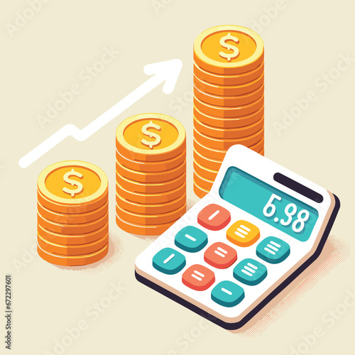Vector design of stack of coins and calculator with solid-colored shadows.