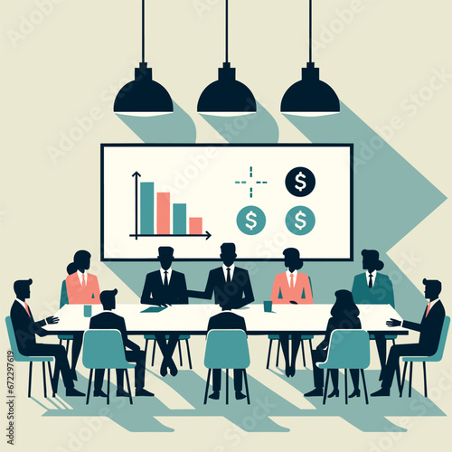 Vector meeting room with diverse silhouettes discussing finance in flat design.
