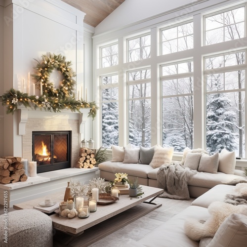 Luxurious Interior Design of a Modern House decorated for Christmas Event. 25th December is coming. Cold Winter Day  Snowy Day.