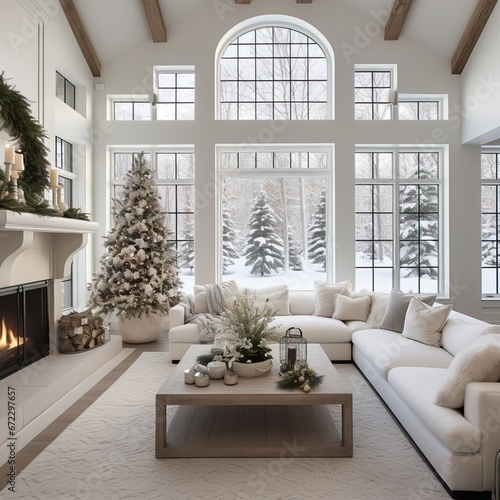 Luxurious Interior Design of a Modern House decorated for Christmas Event. 25th December is coming. Cold Winter Day, Snowy Day. © Boss