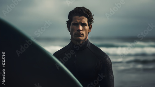 Portrait of good looking masculine male surfer with dark hair & black wetsuit, surfboard on the beach, ocean in the background photo
