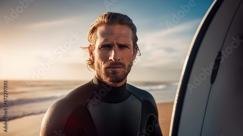 Portrait of attractive charismatic blonde male surfer with wet hair, dark wetsuit, and surfboard, on the beach at sunset with the ocean in the background