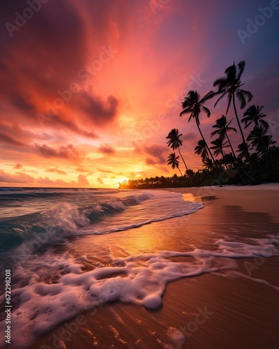 Professional Shot of a Beach Capturing Palm Trees next to the Wavy Water in Late Evening During Sunset. Golden Hour seen from the Waves of the Ocean.
