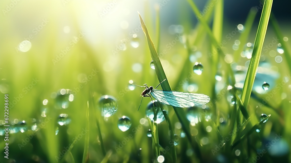 a dragon fly sitting on top of a green grass covered in dew. generative ai a dragon fly sitting on top of a green grass covered in dew. generative ai