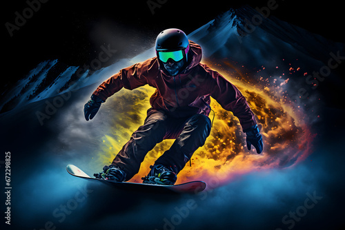 enjoying snowboarding, Concept travel ski, Snowboarder jumping, ski resort, Snow sports , snow mountains, Frosty winter view, concept rest, theme recreation, neon banner, advertising photo © elina