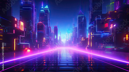  a futuristic city at night with neon lights and neon lines. generative ai