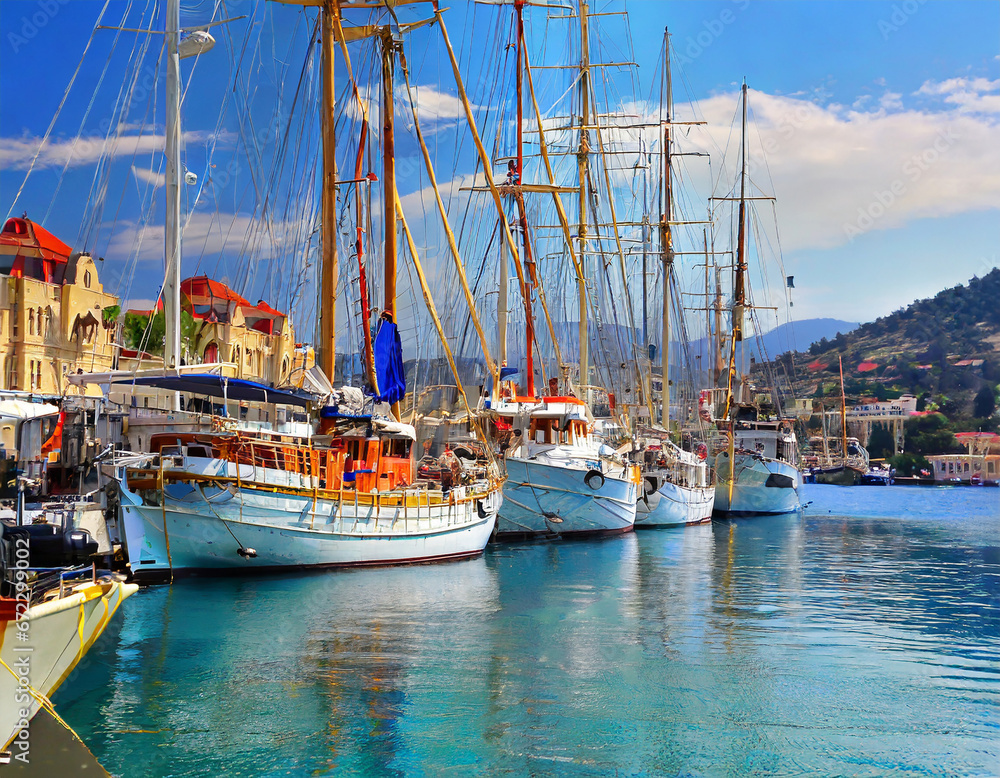 Sailing Ships in a Picturesque Harbor