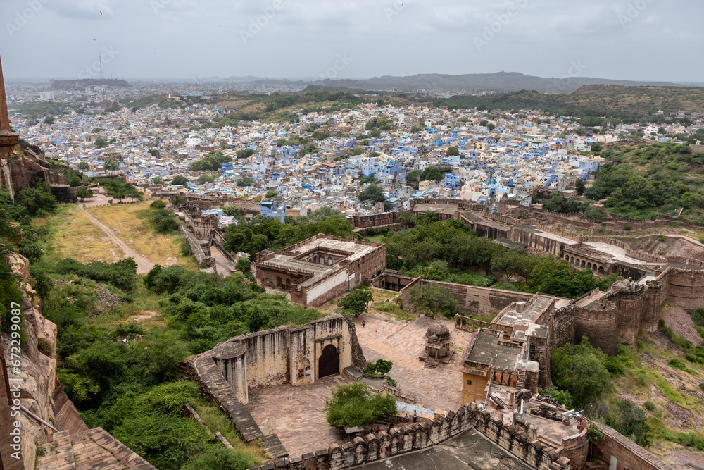 Aerial view of the blue city from Mehrangarh Fort in Jodhpur in Rajasthan, India. on a cloudy day
