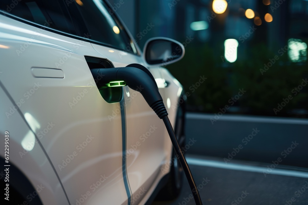 An electric vehicle charging in a home garage, highlighting the convenience and eco-friendliness of electric transportation for a sustainable lifestyle. An electric vehicle charging in a home garage, highlighting the convenience and eco-friendliness of electric transportation for a sustainable lifestyle.