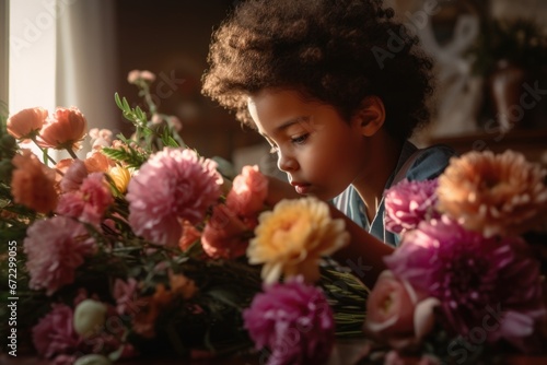 A mixed-race child carefully arranging fresh flowers into a beautiful bouquet as a Mother's Day gift. The background features a variety of colorful blooms, ribbons, and a sense of joy in the air.  #672299055