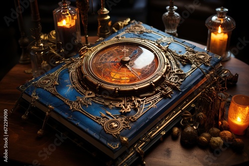 Close up of a Majestic and Magic Book with a Clock that looks like a Portal on Fire in the middle on the Cover.