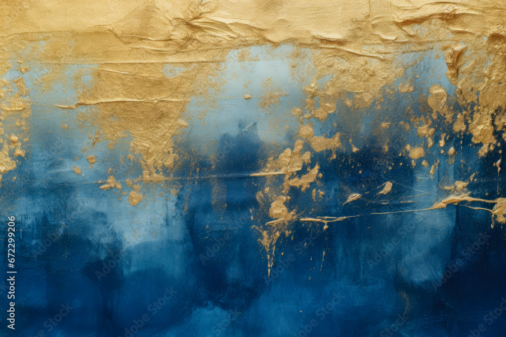 An abstract painting of gold and blue with oil paintings.