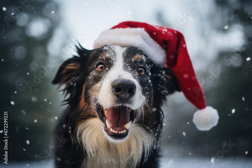 A funny playful dog donning a slightly askew Santa hat, sporting a mischievous look while trying to capture descending snowflakes, injecting festive mirth into the holiday period. photo