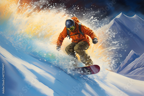 enjoying snowboarding, Concept travel ski, Snowboarder jumping, ski resort, Snow sports , snow mountains, Frosty winter view, concept rest, theme recreation, neon banner, advertising photo