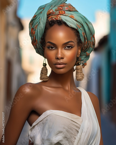 Photo Generative ai fashionable black woman with turban hairstyle posing outdoors