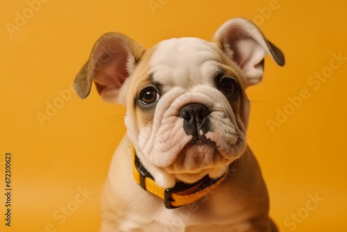 Portrait of a cute fawn colored French Bulldog looking sadly, straight into the camera, isolated on a yellow background. Animal themes.   © Tatyana