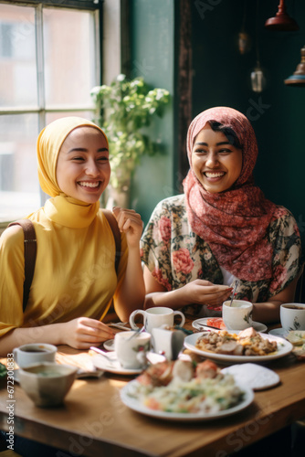 Generative ai women muslim wearing hijab together having breakfast