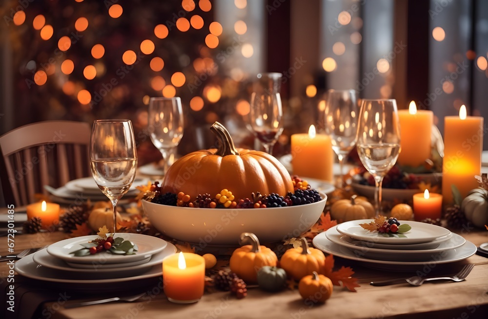 Thanksgiving or Friendsgiving day, family party Fall table setting for celebration, bokeh lights dinner atmosphere
