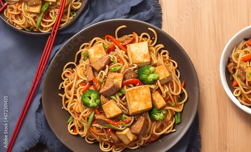 Chow Mein a china dish, With stir-fried noodles, sauteed tofu, vegetables, or meat, on the wooden table, bokeh lights background, empty for text space