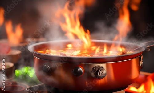 A Chinese hot pot or steamboat, simmering a pot of soup, bokeh lights background
