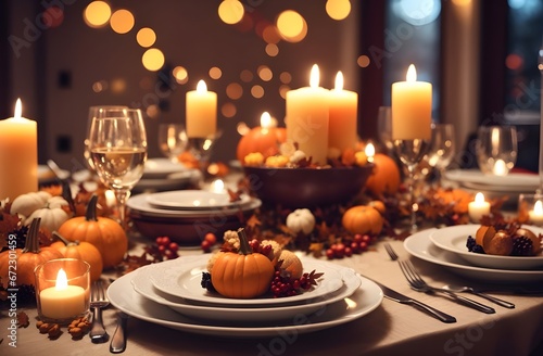 New year and Chrismass celebration, family party Fall table setting for celebration, bokeh lights dinner atmosphere
