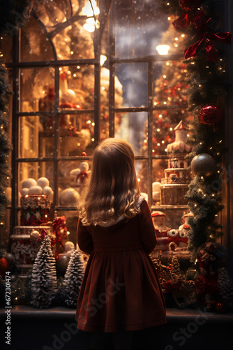 A young girl gazes at the window display of a Christmas toy store