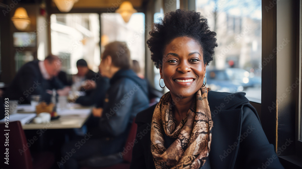 Black Woman Female Sitting in Restaurant at Lunch Looking at Camera, Smiling
